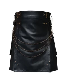 Genuine Black Leather Kilt With Stainless Steel Chain