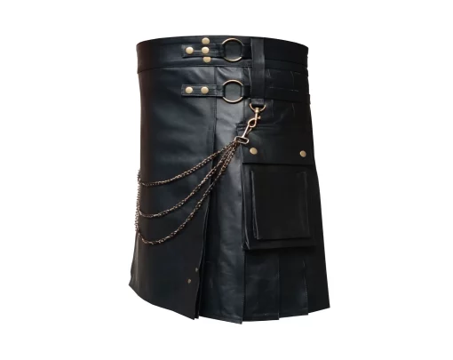 Genuine Black Leather Kilt With Stainless Steel Chain
